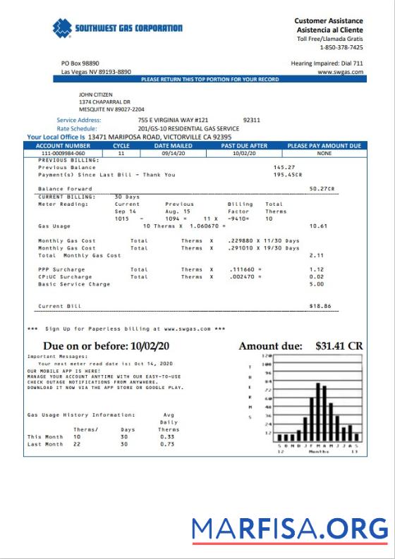 Blank USA Nevada Southwest gas Corporation utility bill template in Word and PDF format